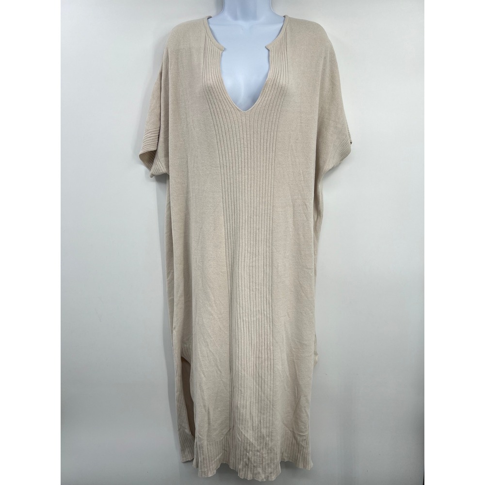 Barefoot Dreams OS CozyChic Ultra Lite Knit Kaftan V-Neck Sand Cream Style 921